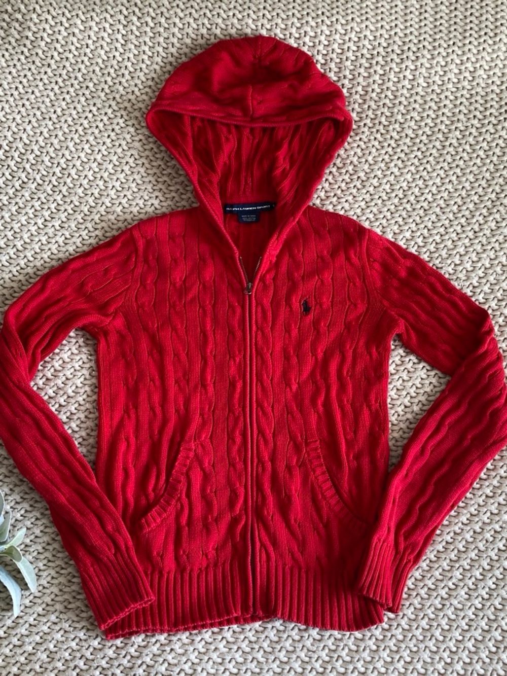 Ralph Lauren Red Cable-Knit Hooded Zip Sweater